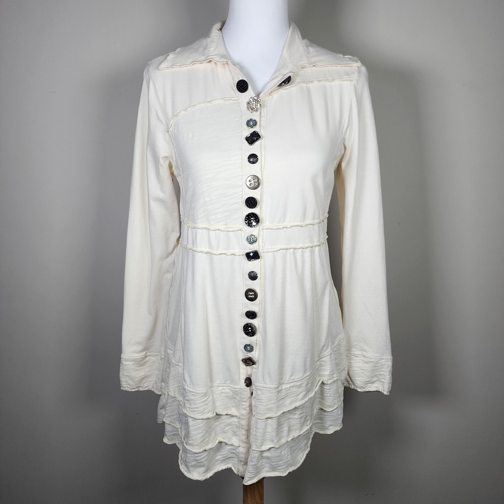 Neon Buddha In My Life Shirt Womens XS Ruffle Romantic Poet Button Up Tunic Top
